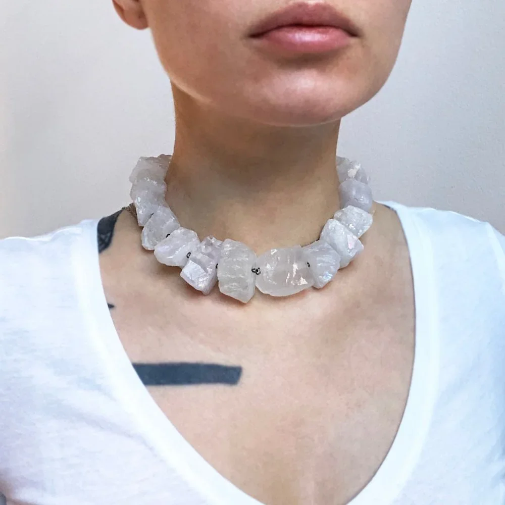 Super chunky raw gemstone necklace, accent angel aura quartz crystal collar